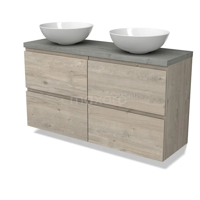 Houten badkamermeubel met betonlook blad, dubbele witte waskommen en vier lades, ideaal voor een moderne badkamerstijl.