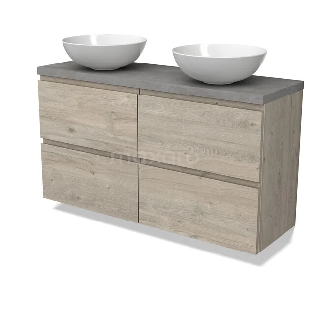 Houten badkamermeubel met grijze natuurstenen wastafelblad, dubbele witte waskommen en vier ruime lades.