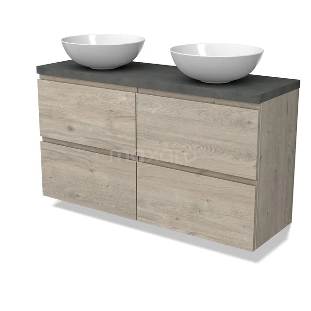 Houten badkamermeubel met een betonlook blad en twee witte ronde waskommen, perfect voor een dubbele wastafelopstelling.