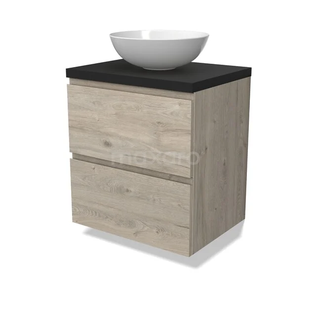 Modulo Plato Vanity units for countertop basin | 60 cm Light grey oak Handle-less front Matte black worktop 2 Stacked drawers BMK17-03209 Houten badkamermeubel met keramische waskom, moderne look, compacte vorm, incl. twee lades en zwart bovenblad.