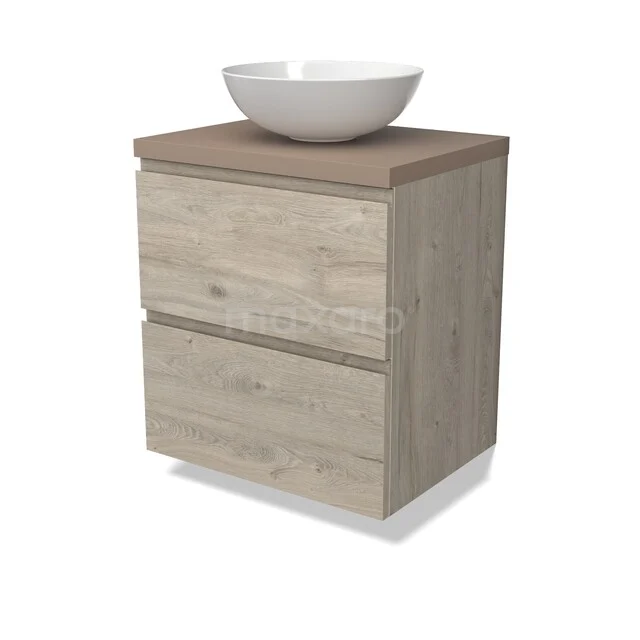 Holz Badezimmermöbel mit natürlichem Aussehen, zwei Schubladen, keramischem Aufsatzwaschbecken und mattem Eichen-Finish für ein modernes Badezimmer.