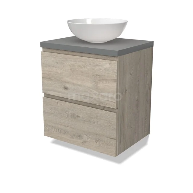 Modulo Plato Vanity units for countertop basin | 60 cm Light grey oak Handle-less front Mid grey worktop 2 Stacked drawers BMK17-03211 Houten badkamermeubel met naturel houtlook, grijs stenen blad en ronde witte waskom, modern design, ideaal voor compacte badkamers.
