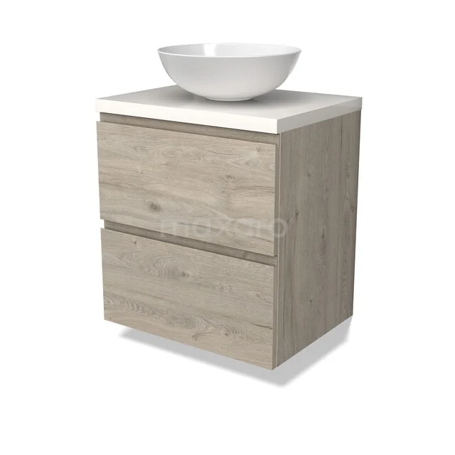 Modulo Plato Vanity units for countertop basin | 60 cm Light grey oak Handle-less front High-gloss white worktop 2 Stacked drawers BMK17-03212 Houten badkamermeubel met twee lades, witte waskom en strakke afwerking. Perfect als moderne opbergoplossing voor de badkamer.