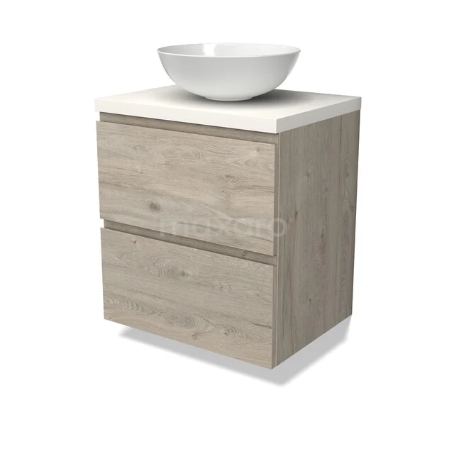 Modulo Plato Vanity units for countertop basin | 60 cm Light grey oak Handle-less front Matte white worktop 2 Stacked drawers BMK17-03213 Houten badkamermeubel met twee lades, witte wastafel en modern design, perfect voor stijlvolle badkamerinrichting.
