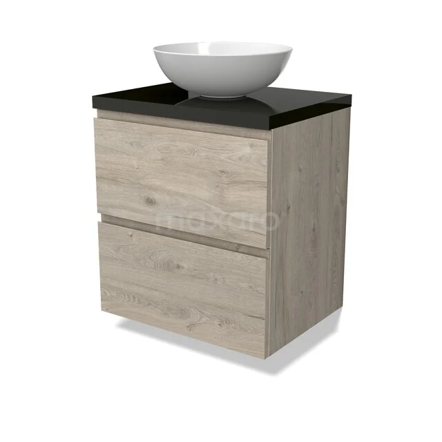 Modulo Plato Badkamermeubel voor waskom | 60 cm Lichtgrijs eiken Greeploos front Hoogglans zwart blad 2 lades onder elkaar BMK17-03215 Houten badkamermeubel met mat zwarte wastafelblad en witte ronde kom, modern design. Perfect voor stijlvolle badkamer inrichting.