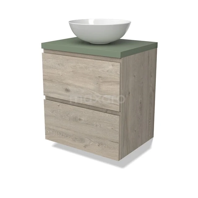 Modulo Plato Vanity units for countertop basin | 60 cm Light grey oak Handle-less front Sage green worktop 2 Stacked drawers BMK17-03216 Houten badkamermeubel met twee lades, groene bovenblad en ronde witte wastafel; modern design voor stijlvolle badkamers.