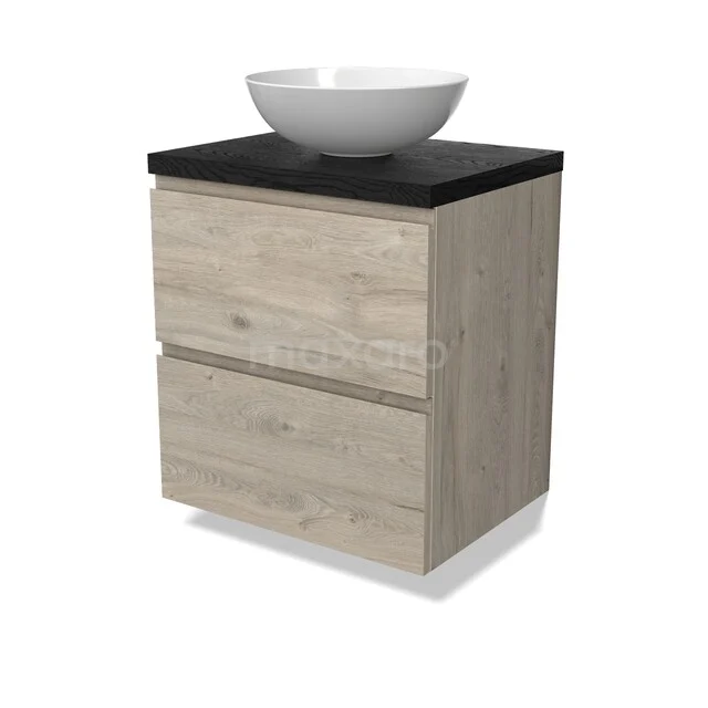Modulo Plato Vanity units for countertop basin | 60 cm Light grey oak Handle-less front Black oak worktop 2 Stacked drawers BMK17-03217 Houten badkamermeubel met twee lades, zwarte wastafelblad en witte komvormige wasbak, eigentijds design.