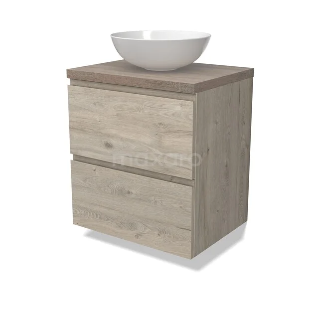 Modulo Plato Vanity units for countertop basin | 60 cm Light grey oak Handle-less front Oak worktop 2 Stacked drawers BMK17-03218 Houten badkamermeubel met waskom, twee lades, eikenlook. Compact design voor moderne badkamerinrichting.