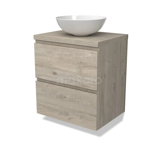 Modulo Plato Vanity units for countertop basin | 60 cm Light grey oak Handle-less front Light grey oak worktop 2 Stacked drawers BMK17-03219 Houten badkamermeubel met waskom, licht eiken kleur, modern ontwerp, twee lades, ideaal voor een stijlvolle badkamer.