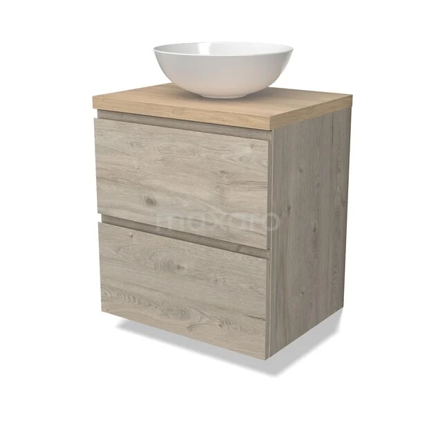 Holz-Badmöbel mit Aufsatzwaschbecken, zwei Schubladen und rustikaler Verarbeitung, perfekt für eine moderne Badezimmergestaltung.