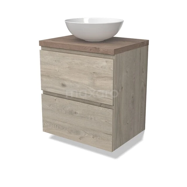 Holz Badezimmermöbel mit Aufsatzwaschbecken, natürliche Eiche-Optik, zwei Schubladen und modernes Design für ein stilvolles Badezimmer.