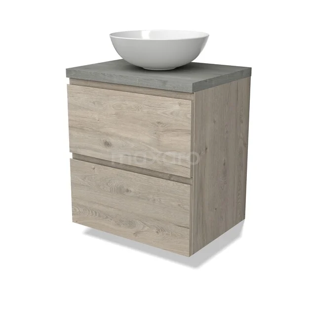 Waschbeckenmöbel Modulo BMK17-03223 Hölzernes Badezimmermöbel mit Aufsatzwaschbecken, Zweischubladen-Design in heller Eiche und grauer Steinplatte, modern und kompakt.