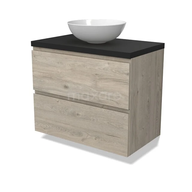 Modulo Plato Badmöbel mit Aufsatzwaschbecken | 80 cm Hellgraue Eiche Grifflos front Matt Schwarz blatt 2 übereinanderliegende Schubladen BMK17-03226 Holz Badezimmermöbel mit zwei Schubladen, Holzoptik-Finish, Schwarz Platte und weißem Aufsatzwaschbecken, ideal für moderne Bäder.