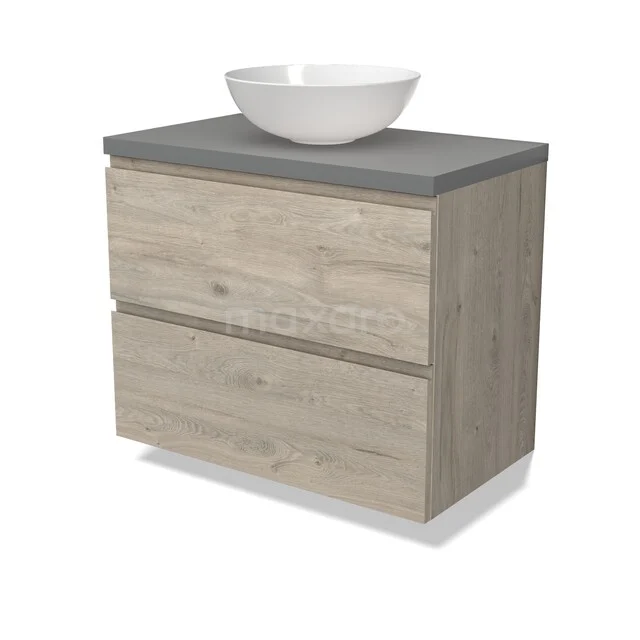Waschbeckenmöbel Modulo BMK17-03228 Hölzernes Badezimmermöbel mit grauer Platte, zwei Schubladen und einer weißen, ovalen Schüssel. Perfekte Ergänzung für ein modernes Badezimmer.