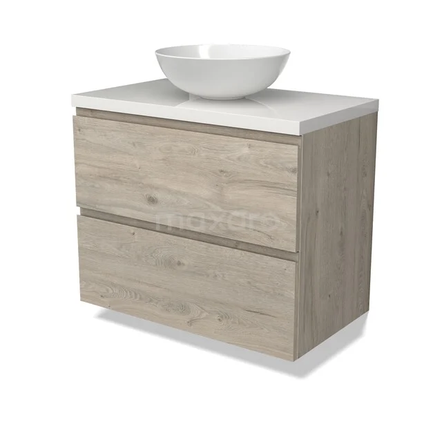 Modulo Plato Badmöbel mit Aufsatzwaschbecken | 80 cm Hellgraue Eiche Grifflos front Hochglanz Weiß blatt 2 übereinanderliegende Schubladen BMK17-03229 Holz Badezimmermöbel mit zwei Schubladen, weißem Waschbecken und modernem Design, ideal für stilvolle Badezimmergestaltung.