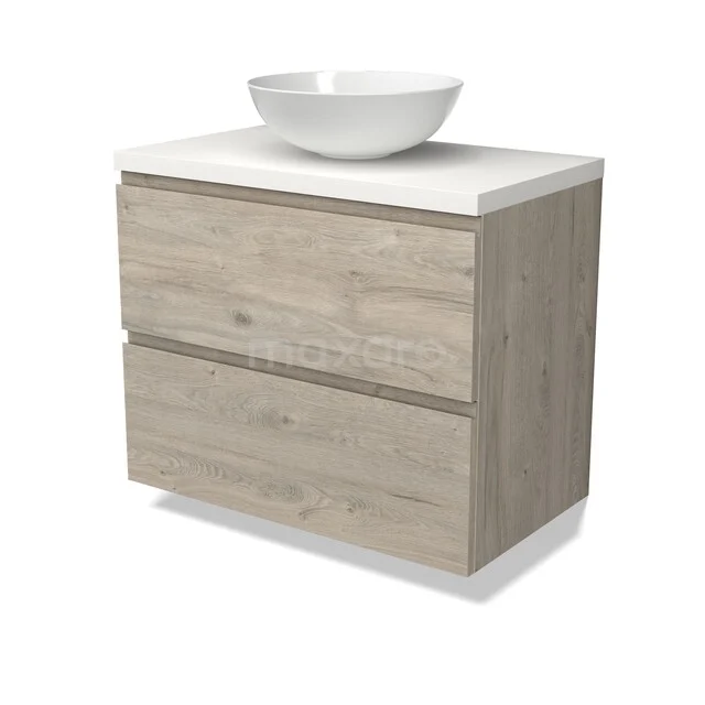 Waschbeckenmöbel Modulo BMK17-03230 Holz Badezimmermöbel mit zwei Schubladen, weißem Waschbecken und modernem Erscheinungsbild, ideal für stilvolle Badezimmergestaltung.