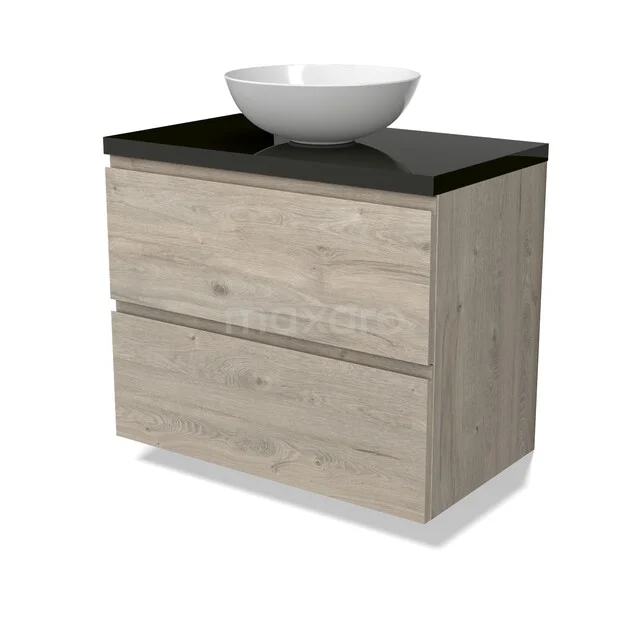 Houten badkamermeubel met zwarte wastafelblad en witte kom, moderne uitstraling, twee lades, perfect voor elke badkamerstijl.