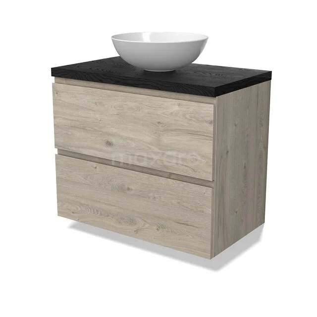 Holz Badezimmermöbel mit keramischem Waschbecken, mattschwarzer Platte und zwei Schubladen, modernes Design für praktische Badezimmerlagerung.