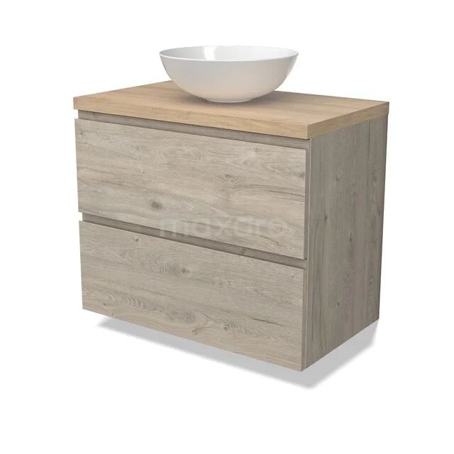 Waschbeckenmöbel Modulo BMK17-03237 Holz Badezimmermöbel mit zwei Schubladen und weißem Aufsatzwaschbecken, modernes Design, ideal für eine stilvolle Badezimmer Einrichtung.