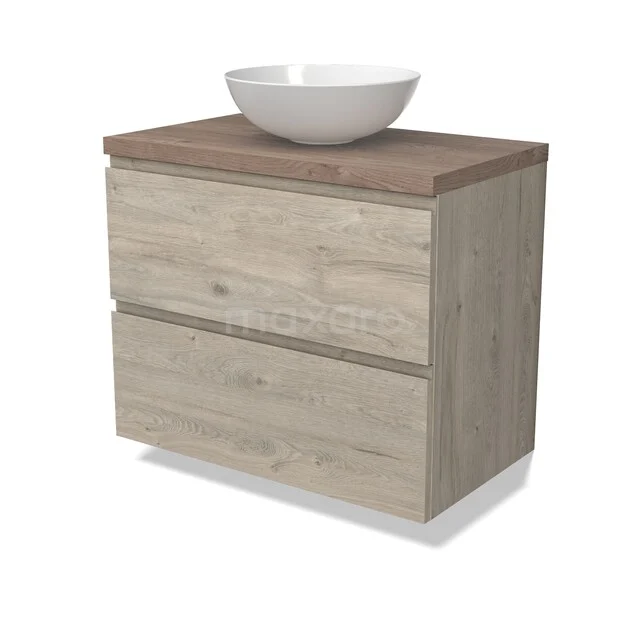 Modulo Plato Badkamermeubel voor waskom | 80 cm Lichtgrijs eiken Greeploos front Middenbruin eiken blad 2 lades onder elkaar BMK17-03238 Badkamermeubel houtlook met waskom, 2 lades, modern design, natuurkleur fineer, ideaal voor stijlvolle badkamerinrichting.