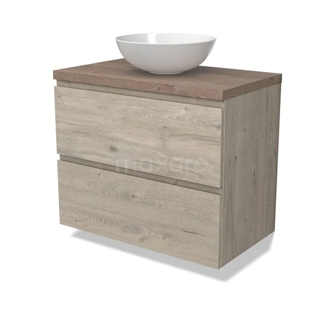 Modulo Plato Badmöbel mit Aufsatzwaschbecken | 80 cm Hellgraue Eiche Grifflos front Mittelbraune Eiche blatt 2 übereinanderliegende Schubladen BMK17-03238 Badezimmermöbel Holzoptik mit Aufsatzwaschbecken, 2 Schubladen, modernes Design, Naturfarbe Furnier, ideal für stilvolle Badezimmergestaltung.