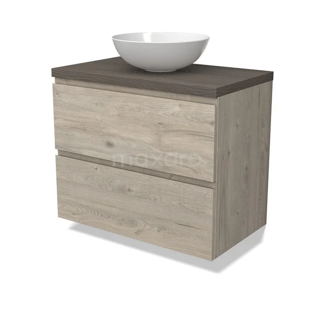 Holz Badezimmermöbel mit zwei Schubladen, Grau Platte und weißen Waschbecken; modernes Design für stilvollen Badezimmerraum.