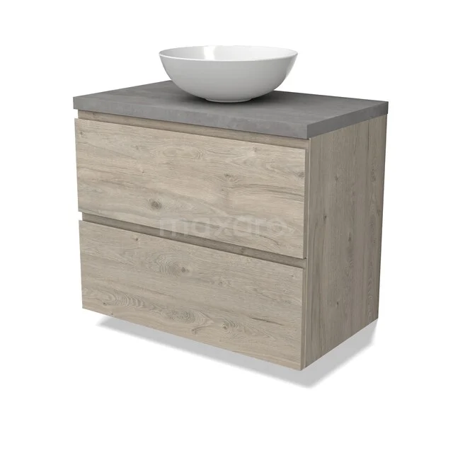 Modulo Plato Vanity units for countertop basin | 80 cm Light grey oak Handle-less front Light grey concrete worktop 2 Stacked drawers BMK17-03241 Houten badkamermeubel met grijze keramische wastafel, twee lades en modern design voor stijlvolle badkamerruimte.