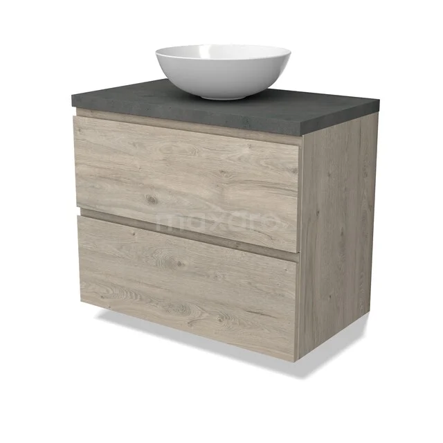 Badmöbel Holzoptik, graue Steinplatte, weißes Aufsatzwaschbecken; kompaktes Design mit 2 Schubladen für einen aufgeräumten Badezimmerstil.