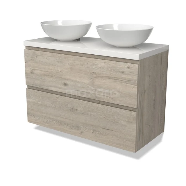Modulo Plato Vanity units for countertop basin | 100 cm Light grey oak Handle-less front High-gloss white worktop 2 Stacked drawers BMK17-03246 Houten badkamermeubel met twee witte opzetwaskommen, moderne uitstraling, ideaal voor een stijlvolle en praktische badkamer.