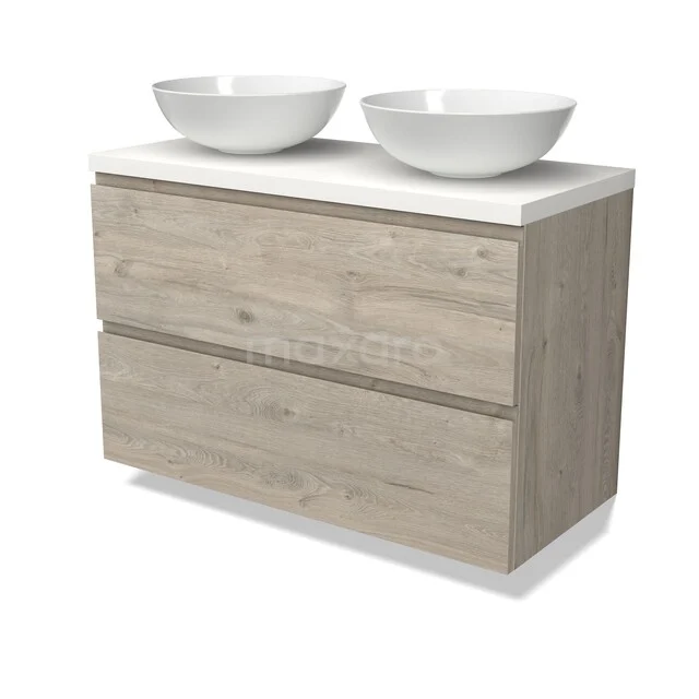 Hölzernes Badezimmermöbel mit doppelten Aufsatzwaschbecken, weißer Oberfläche und schickem Design, ideal für ein modernes Badezimmer.