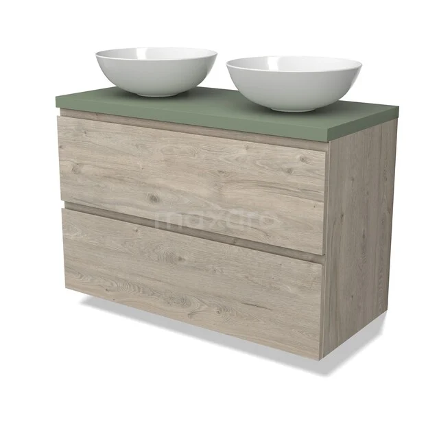 Modulo Plato Vanity units for countertop basin | 100 cm Light grey oak Handle-less front Sage green worktop 2 Stacked drawers BMK17-03250 Houten badkamermeubel met groene top en twee witte waskommen, modern design en ruime lades voor badkameropslag.