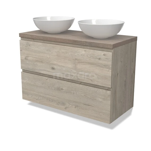 Holz-Badmöbel mit zwei Schubladen und keramischen Aufsatzwaschbecken, Eiche-Optik, ideal für einen modernen Badezimmerstil.