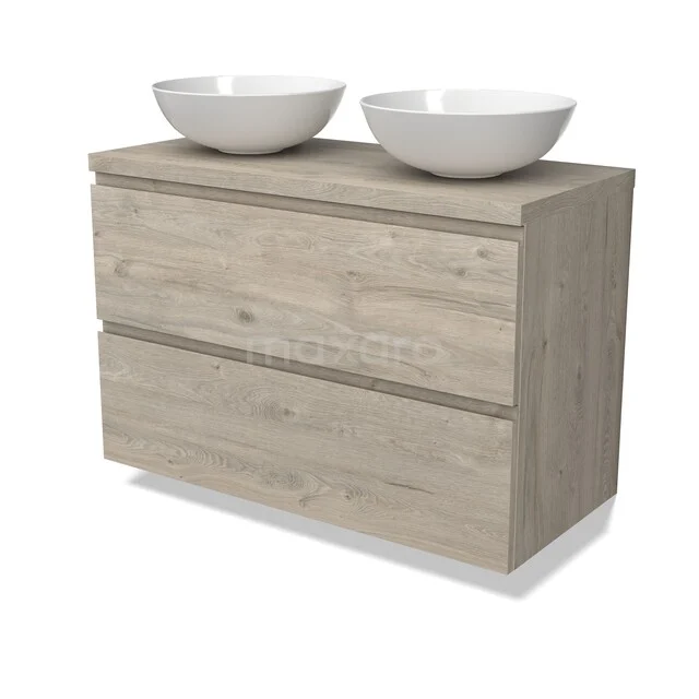 Holz Badezimmermöbel mit zwei weißen Aufsatzwaschbecken, modernes Design, natürliche Holzoptik und geräumigen Schubladen.