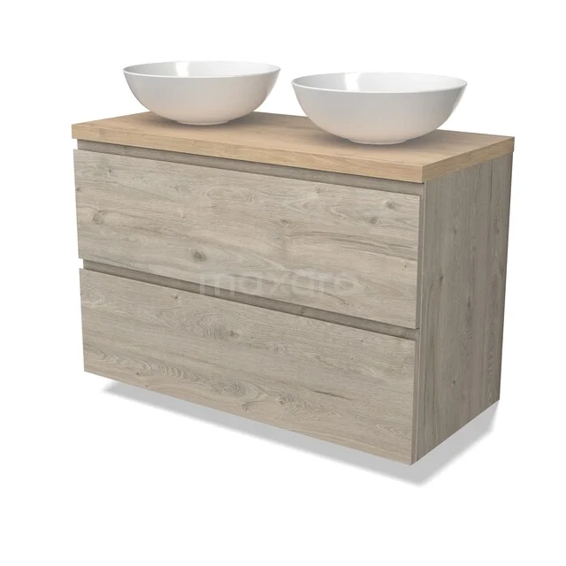 Holz Badezimmermöbel mit zwei Schubladen und doppelten weißen Aufsatzwaschbecken, skandinavisches Design.