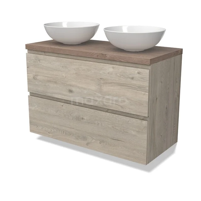 Modulo Plato Badmöbel mit Aufsatzwaschbecken | 100 cm Hellgraue Eiche Grifflos front Mittelbraune Eiche blatt 2 übereinanderliegende Schubladen BMK17-03255 Holz Badezimmermöbel mit Aufsatzwaschbecken, hell Eiche Look, 2 Schubladen, modernes Design, ideal für eine stilvolle Badezimmer Einrichtung.