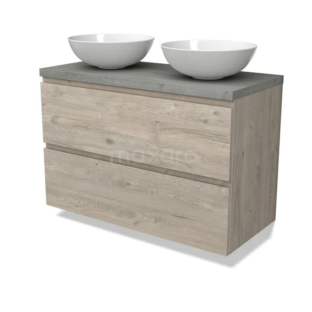 Houten badkamermeubel met dubbele witte waskommen, grijs werkblad en softclose-lades, ideaal voor een moderne badkamer.