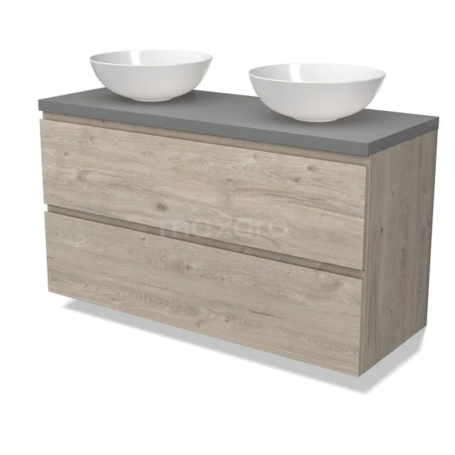 Waschbeckenmöbel Modulo BMK17-03262 Holz-Badmöbel mit zwei Schubladen, graue Platte und zwei weißen Aufsatzwaschbecken, modernes Design für stilvolles Badezimmer.