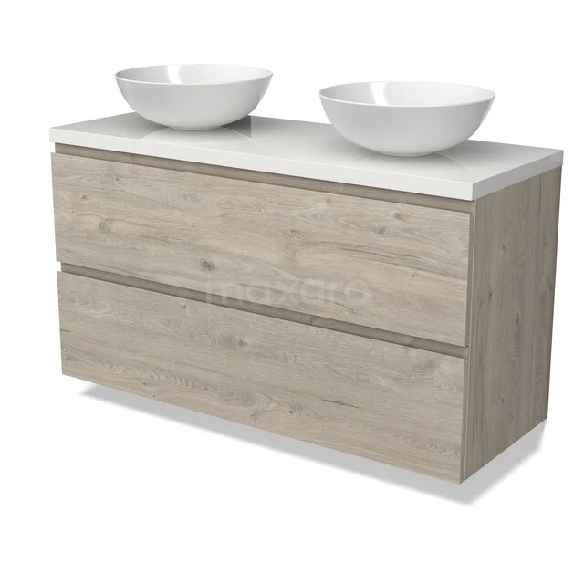 Modulo Plato Vanity units for countertop basin | 120 cm Light grey oak Handle-less front High-gloss white worktop 2 Stacked drawers BMK17-03263 Houten badkamermeubel met twee witte, ronde waskommen en twee lades, modern design in licht eiken uitstraling.