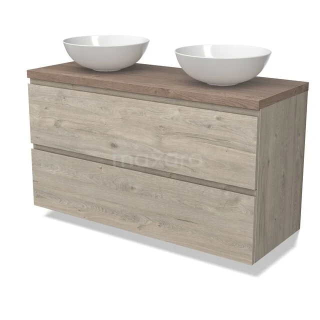 Waschbeckenmöbel Modulo BMK17-03272 Holz Badezimmermöbel mit zwei Schubladen, heller Eiche-Look, inklusive doppelten weißen Aufsatzwaschbecken, ideal für moderne Bäder.