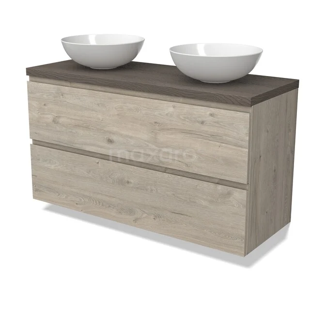 Houten badmeubel met twee lades, donker houten blad en twee witte waskommen, perfect voor een stijlvolle badkamer.