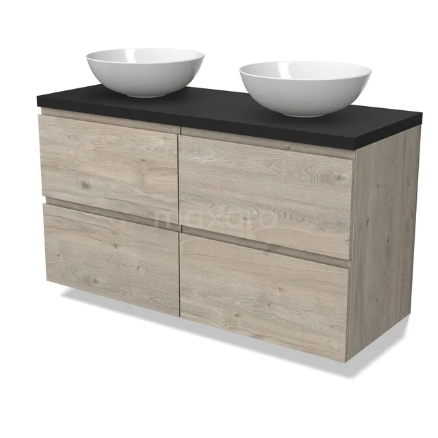 Holz Badezimmermöbel mit doppeltem Aufsatzwaschbecken, heller Eiche Farbe, matt schwarzes Platte, schnittiges modernes Design.