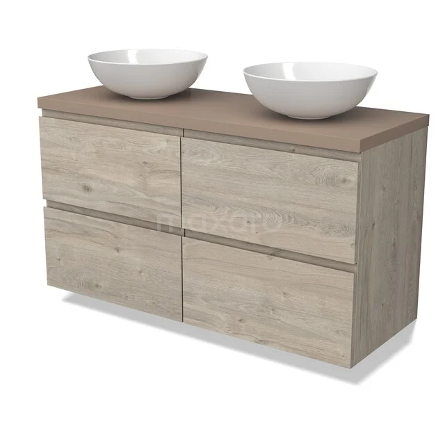 Modulo Plato Badkamermeubel voor waskom | 120 cm Lichtgrijs eiken Greeploos front Taupe blad 4 lades BMK18-02270 Houten badkamermeubel met vier lades, dubbele witte wastafels en modern design, ideaal voor stijlvolle badkamerinrichting.