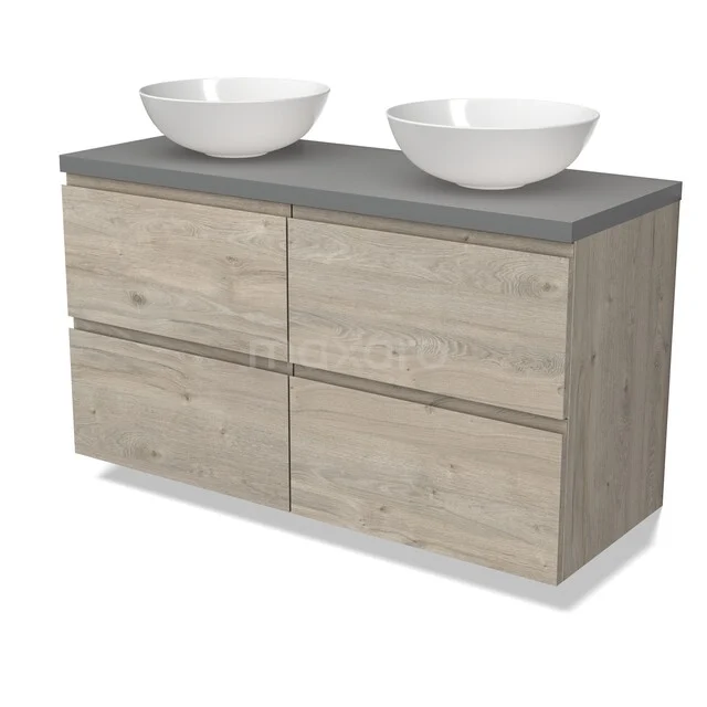 Modulo Plato Vanity units for countertop basin | 120 cm Light grey oak Handle-less front Mid grey worktop 4 drawers BMK18-02271 Houten badkamermeubel met grijs blad en twee witte kommen, modern design en geschikt voor stijlvolle badkamerinrichting.