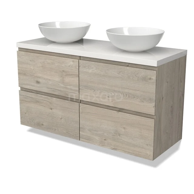 Modulo Plato Vanity units for countertop basin | 120 cm Light grey oak Handle-less front High-gloss white worktop 4 drawers BMK18-02272 Houten badkamermeubel met licht eikenlook, vier lades en dubbele witte wastafels, modern design voor stijlvolle badkamers.