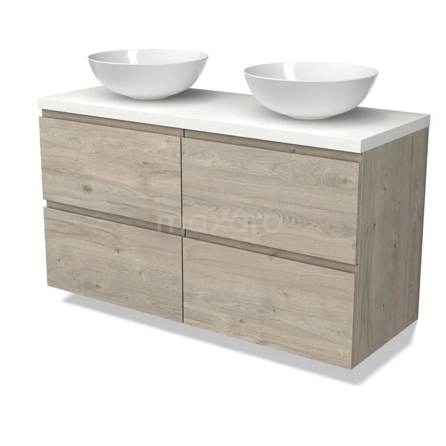 Modulo Plato Badkamermeubel voor waskom | 120 cm Lichtgrijs eiken Greeploos front Mat wit blad 4 lades BMK18-02273 Houten badkamermeubel met dubbele witte wastafel, modern ontwerp en ladeopberging, ideaal voor een stijlvolle badkamer.