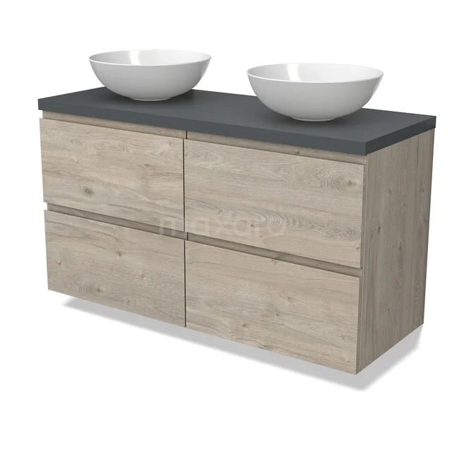 Modulo Plato Vanity units for countertop basin | 120 cm Light grey oak Handle-less front Dark grey worktop 4 drawers BMK18-02274 eikenhouten badkamermeubel met grijs werkblad en dubbele ovale waskommen, modern design, perfect voor een stijlvolle badkamer.