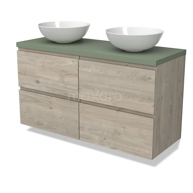 Modulo Plato Vanity units for countertop basin | 120 cm Light grey oak Handle-less front Sage green worktop 4 drawers BMK18-02276 Houten badkamermeubel met groene bovenkant, dubbele waskommen en vier lades, ideaal voor een moderne badkamer.
