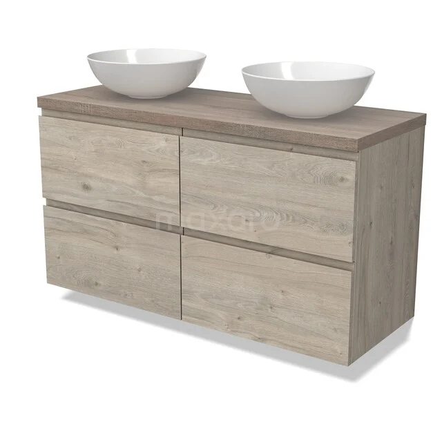 Modulo Plato Badkamermeubel voor waskom | 120 cm Lichtgrijs eiken Greeploos front Eiken blad 4 lades BMK18-02278 Houten badkamermeubel met dubbele wastafel, licht eikenhout, strak design, ideaal voor moderne badkamers.