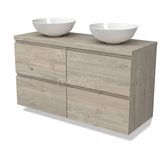 Modulo Plato Vanity units for countertop basin | 120 cm Light grey oak Handle-less front Light grey oak worktop 4 drawers BMK18-02279 Houten badkamermeubel met dubbele witte waskommen, moderne vormgeving, zachte eiken afwerking, ideaal voor badkameropslag.