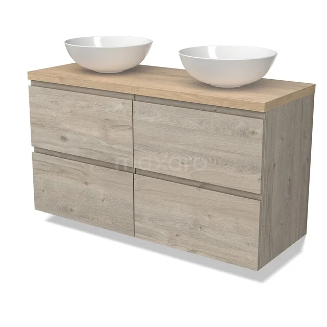 Modulo Plato Vanity units for countertop basin | 120 cm Light grey oak Handle-less front Light brown oak worktop 4 drawers BMK18-02280 Houten badkamermeubel met een licht eikenlook en twee witte ovale waskommen, modern en strak design.
